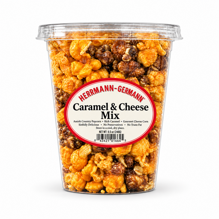 Sweet Castle caramel and cheese popcorn mix in a clear tub