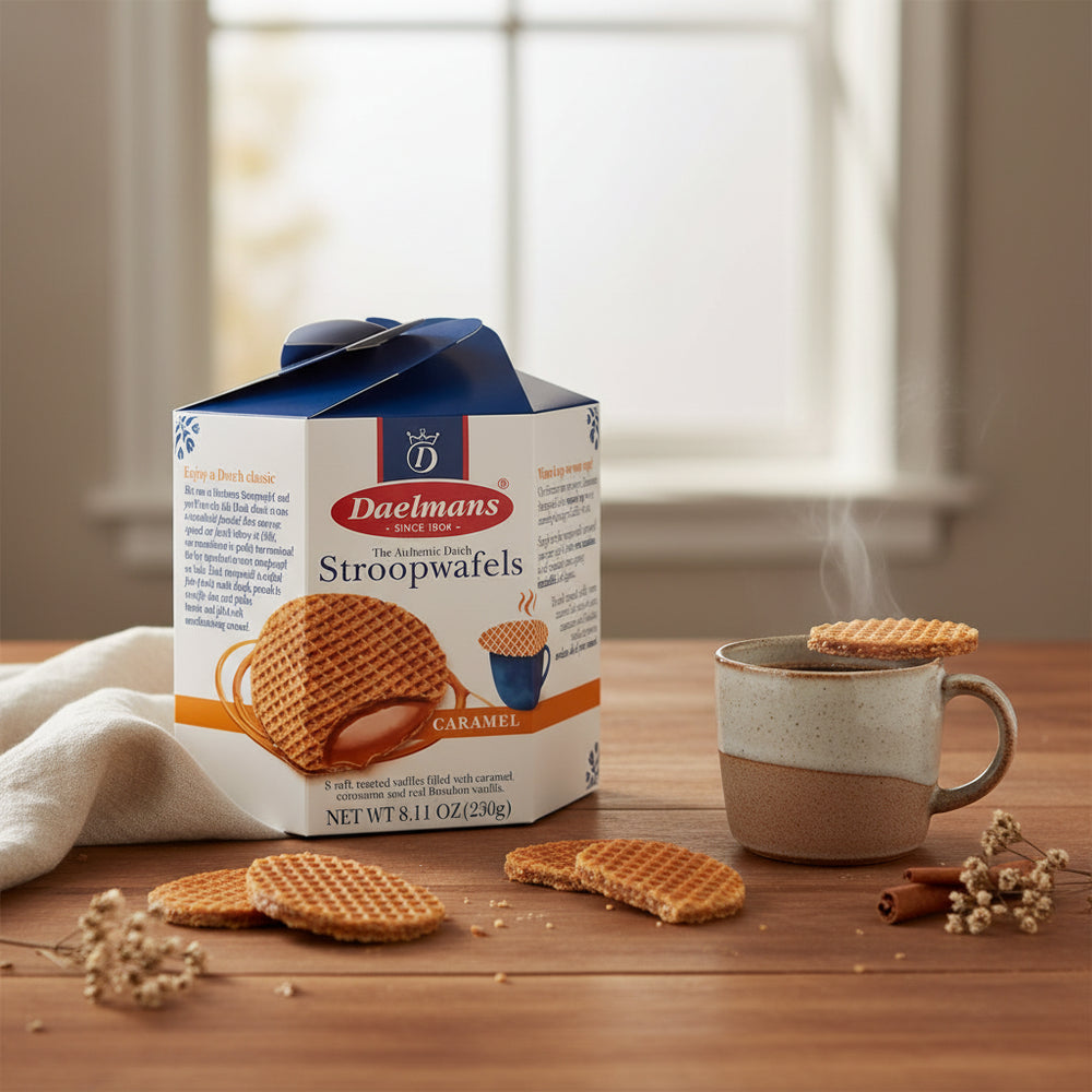Daelmans Caramel Stroopwafels box beside coffee and stroopwafels