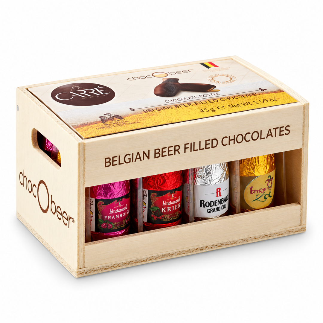 Carré Beer Filled Chocolates in Wooden Crate product packshot on a pure white background