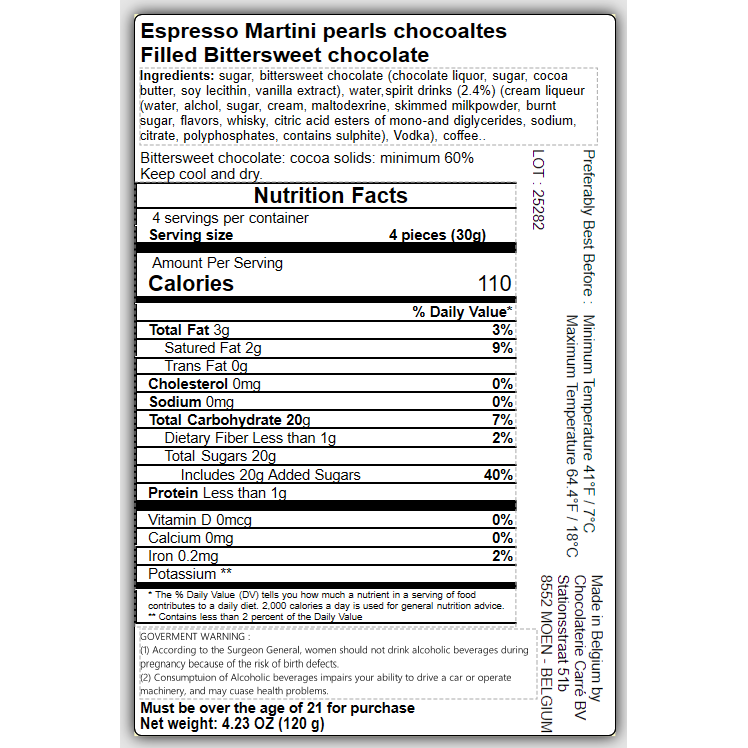 Carré Espresso Martini chocolate pearls back label with nutrition facts