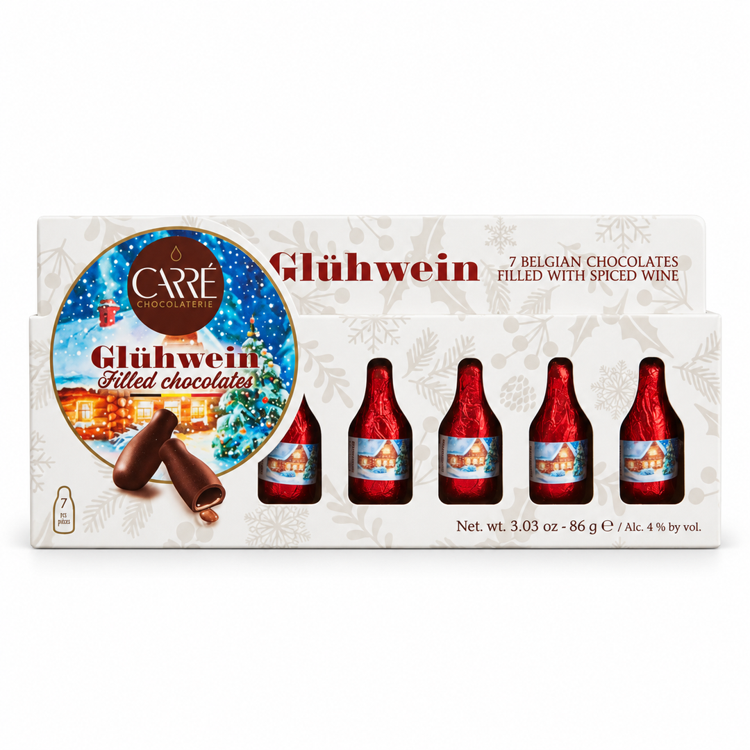 Carré Glühwein gift box containing seven bottle-shaped Belgian dark chocolates filled with spiced wine, 86g, on a white background.