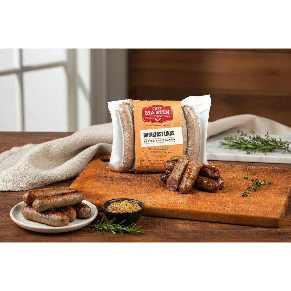 Chef Martin Breakfast Links package with cooked sausages and mustard
