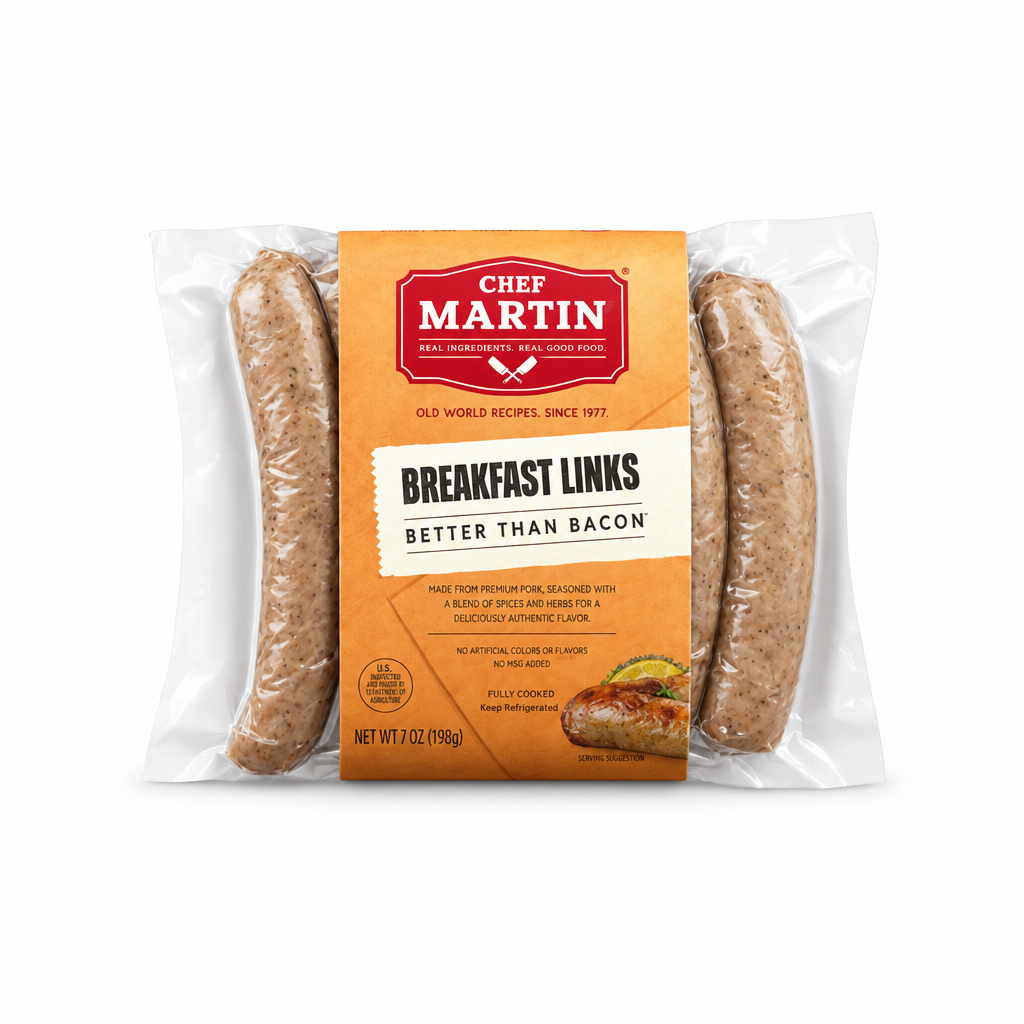 Chef Martin Breakfast Links sausage package centered on a pure white background