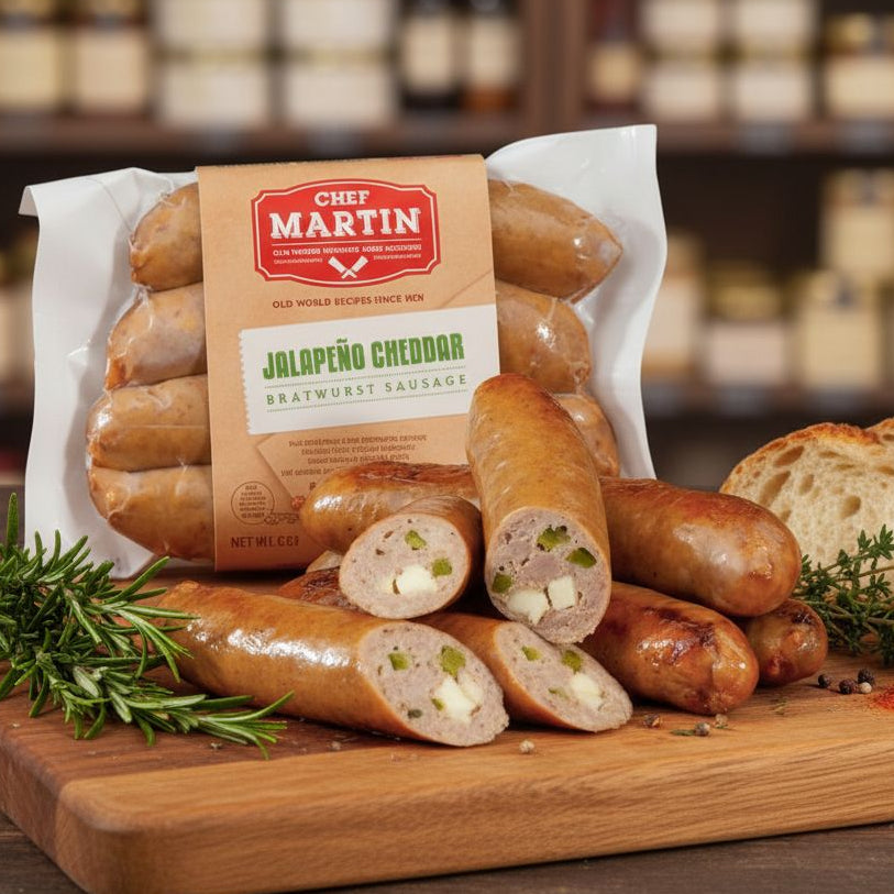 Chef Martin Jalapeño Cheddar bratwurst package with cut sausages