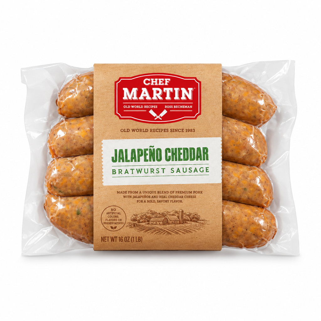 Chef Martin Jalapeño Cheddar Bratwurst sausage package centered on a pure white background