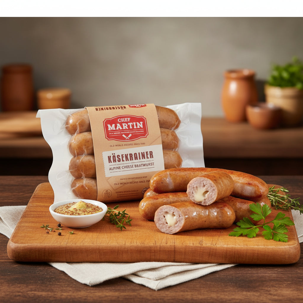 Packaged Chef Martin Käsekräiner sausages on a wooden cutting board.