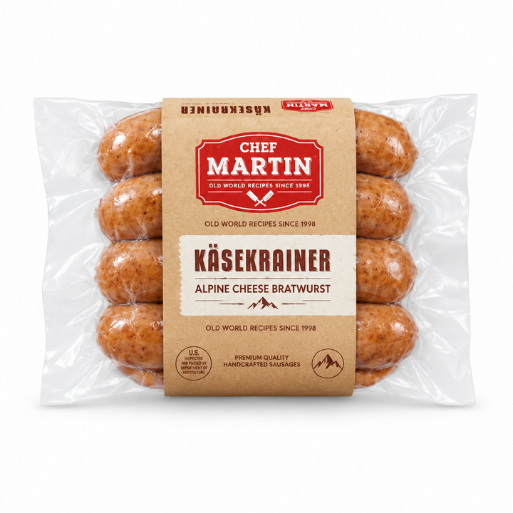 Chef Martin Käsekrainer Alpine Cheese Bratwurst package centered on a pure white background