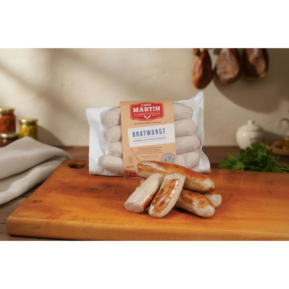 Chef Martin Original bratwurst package with cut grilled links