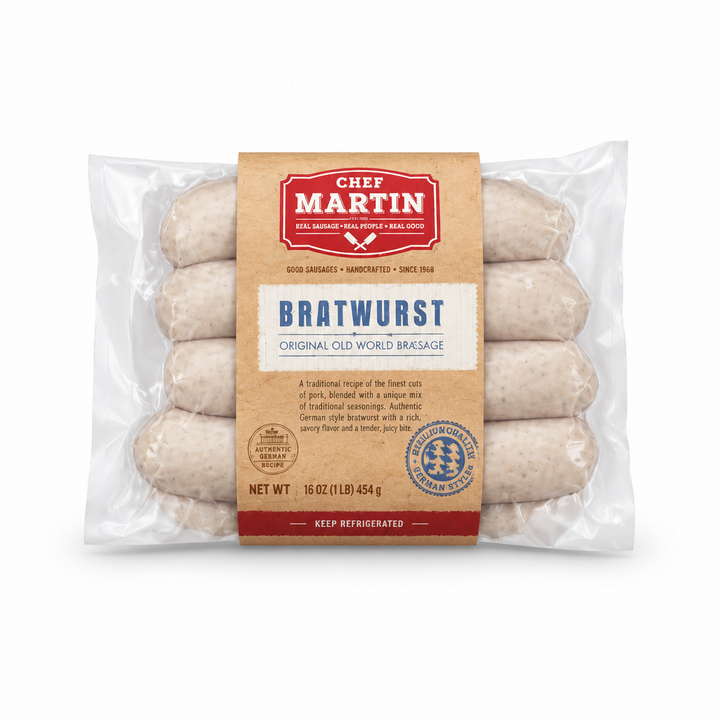 Chef Martin Original Bratwurst sausage package centered on a pure white background