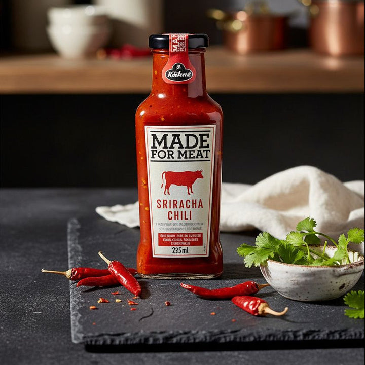 Kühne Made for Meat Sriracha Chili Sauce, 235 ml bottle with chili peppers