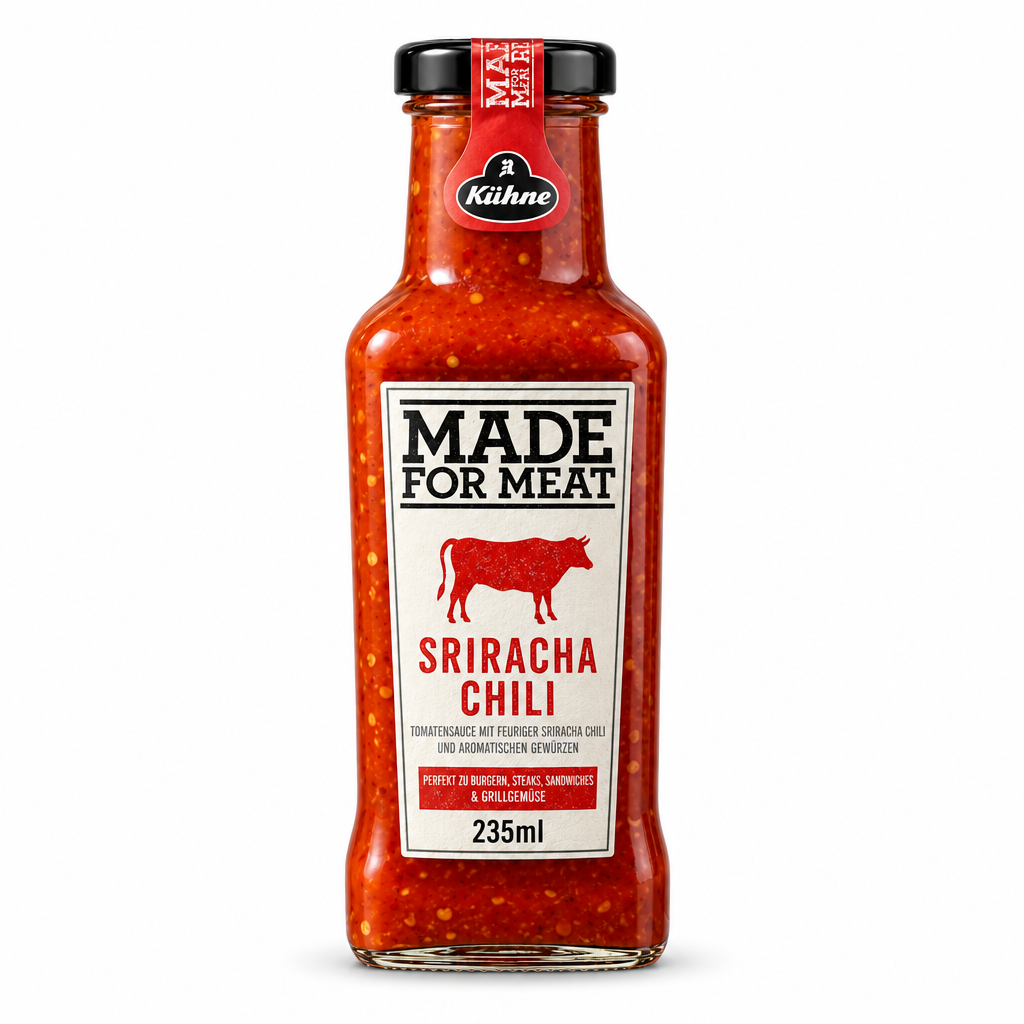 Kühne Made for Meat Sriracha Chili Sauce 235 ml bottle on white