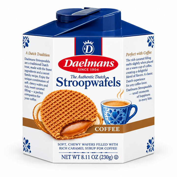 Daelmans Coffee Stroopwafels 8-count hex box, front view