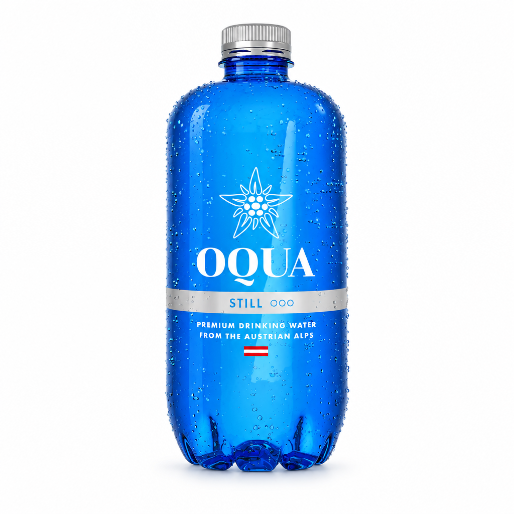 A blue plastic bottle of OQUA Still premium drinking water with a silver cap, covered in water droplets, on a white background with a reflection.