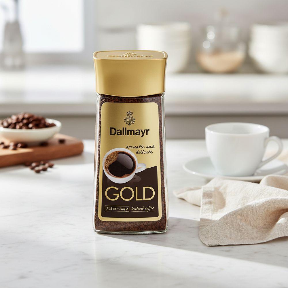 Dallmayr Gold medium-roast instant coffee 200 g jar in a kitchen scene