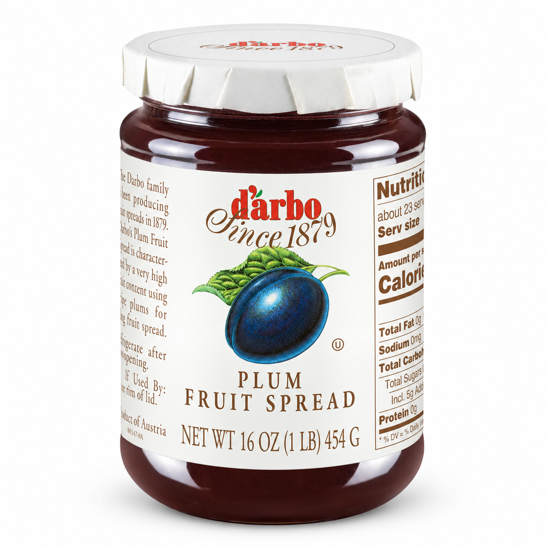 D'Arbo plum fruit spread 454 g jar, front view