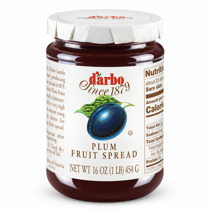 D'Arbo plum fruit spread 454 g jar, front view