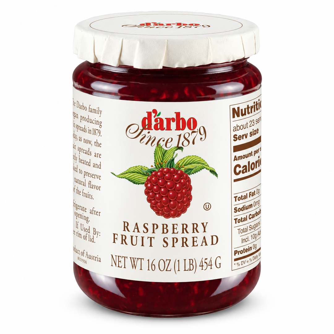D'Arbo raspberry fruit spread 454 g jar, front view