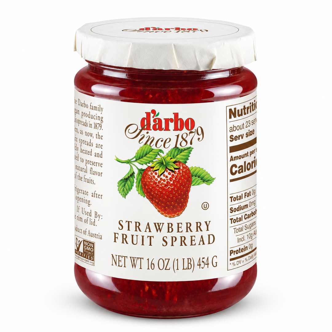 D'Arbo strawberry fruit spread 454 g jar, front view