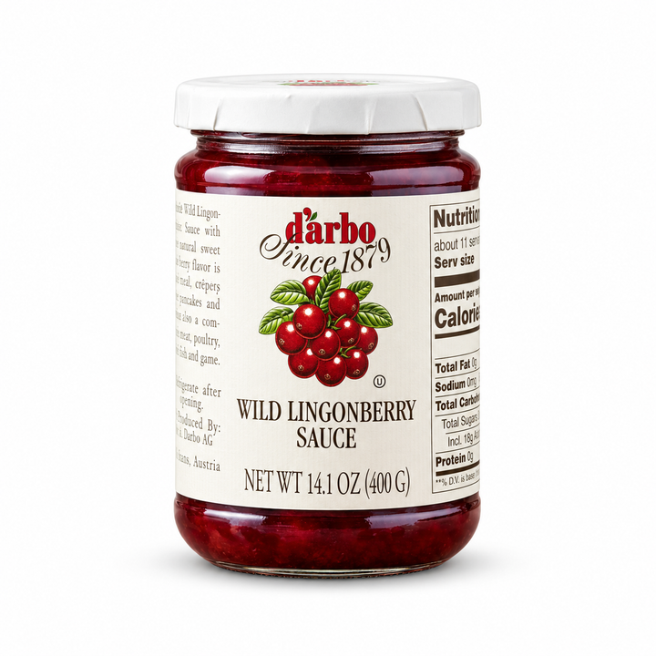 D'Arbo wild lingonberry fruit spread 454 g jar, front view