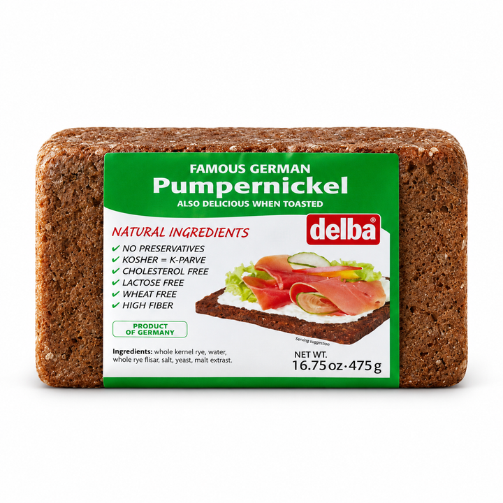 Delba German Pumpernickel Bread product packaging centered on a white background