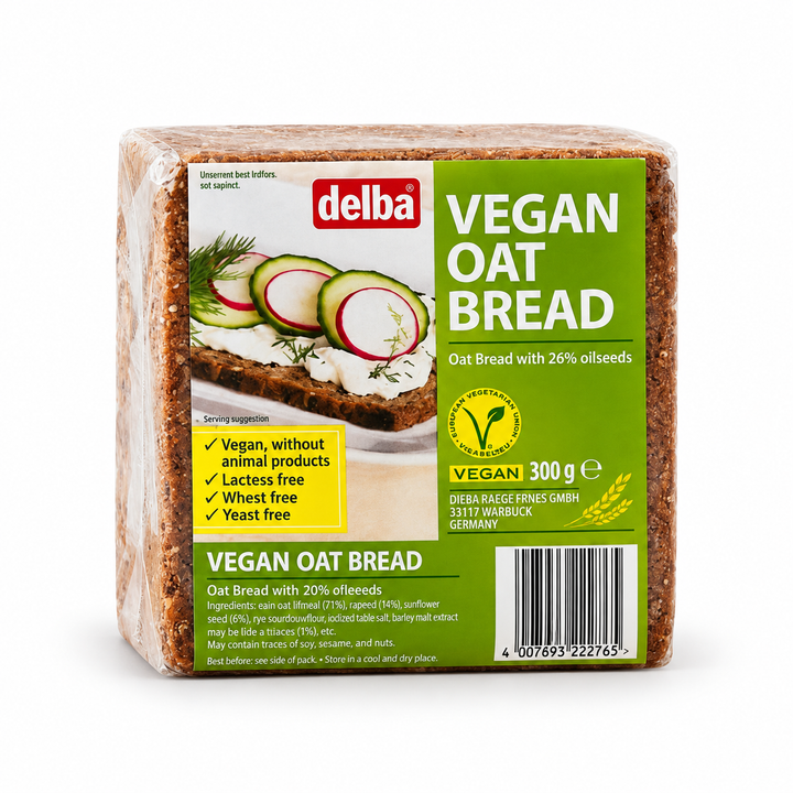 Delba Vegan Oat Bread product packaging centered on a white background