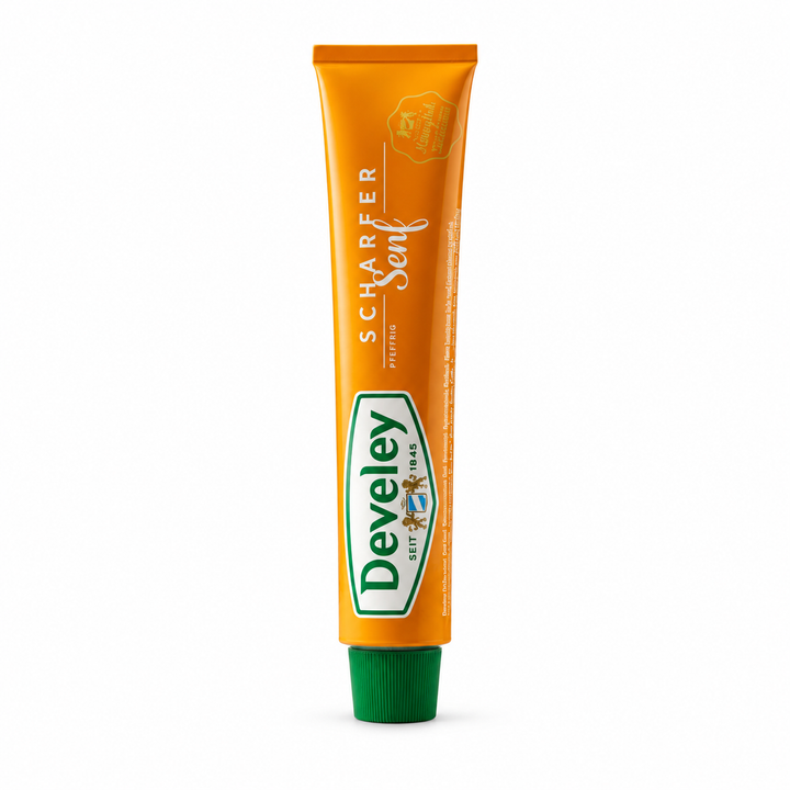 Develey hot German mustard 96 g squeeze tube on white