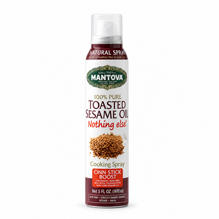 Mantova 100% Pure Toasted Sesame Oil Spray bottle centered on a pure white background