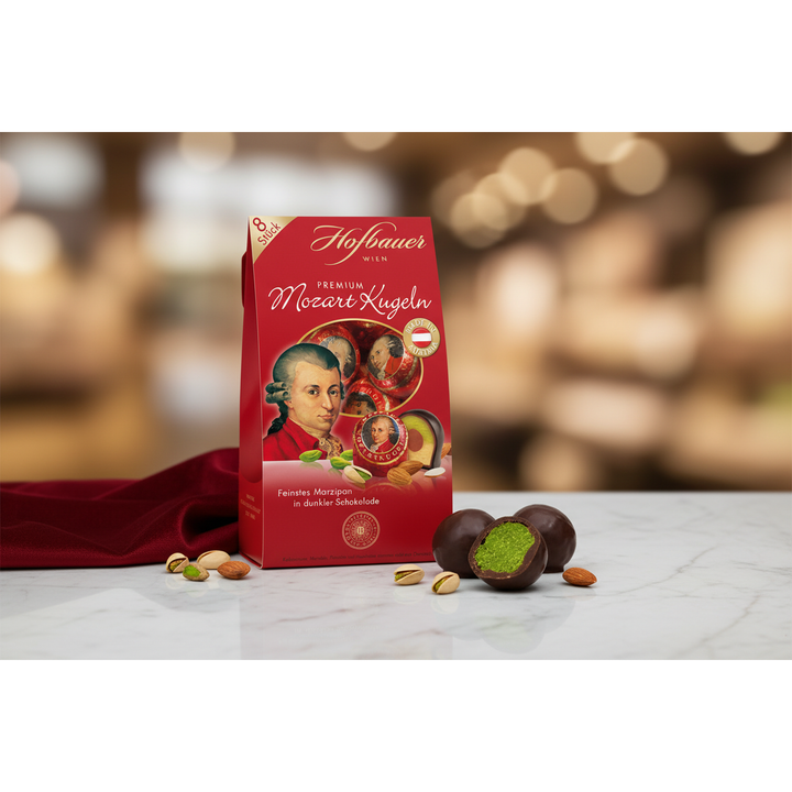 Hofbauer dark chocolate Mozart Balls, 160 g red box with cut-open chocolate