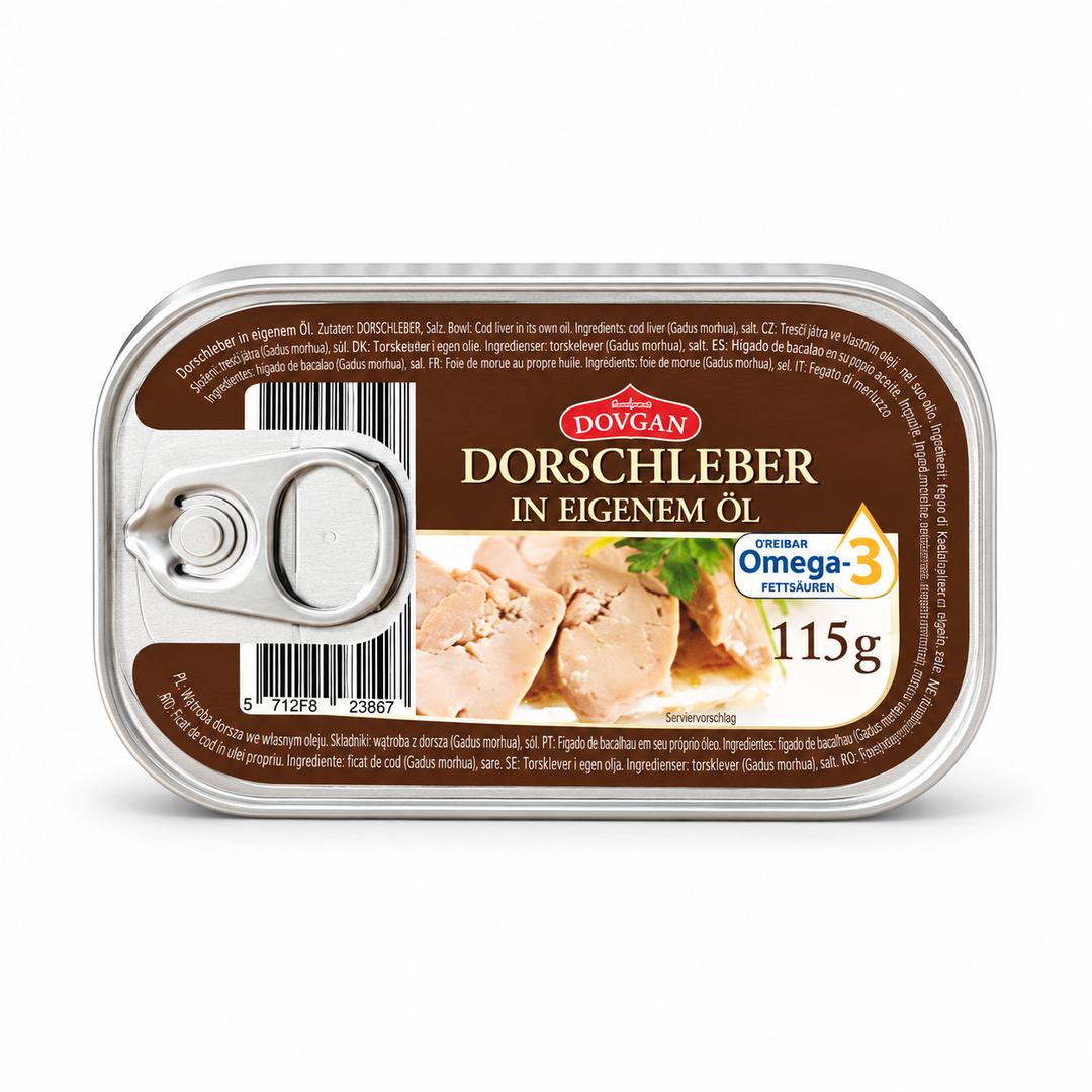 Dovgan cod liver in its own oil 115 g tin, front view