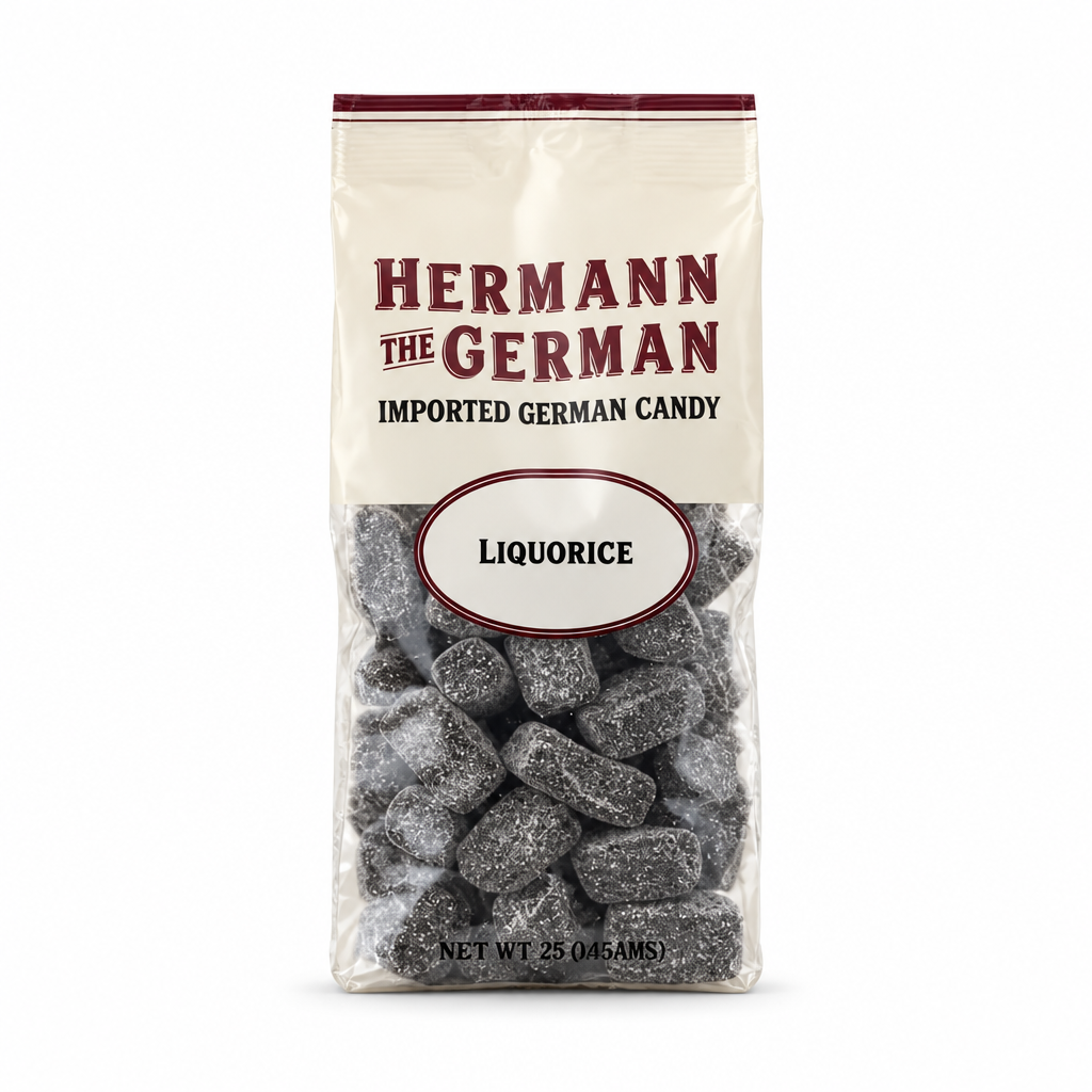 Hermann the German Licorice Hard Candy package on a white background