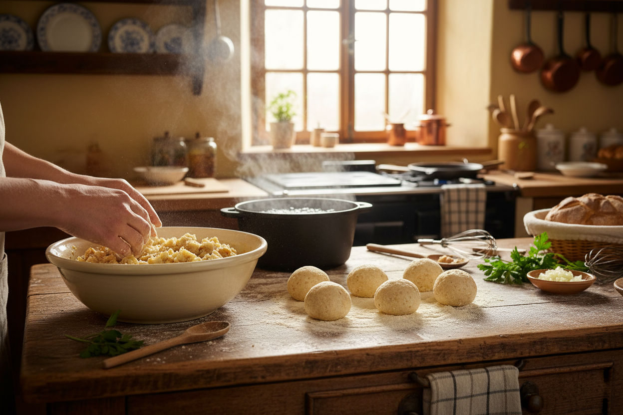 dr knoll bread dumplings in kitchen being made