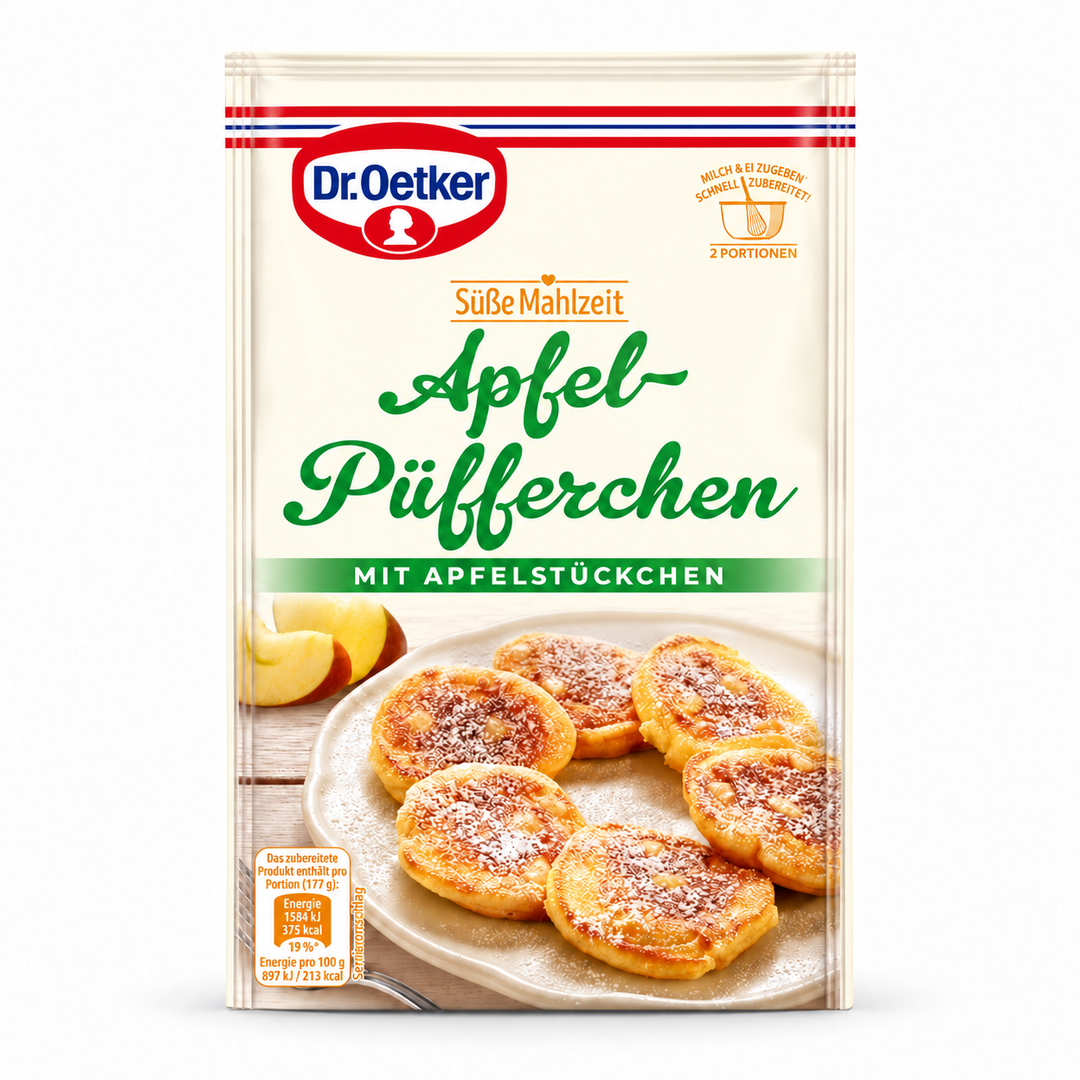 Dr. Oetker Apfel-Püfferchen product packaging centered on a white background