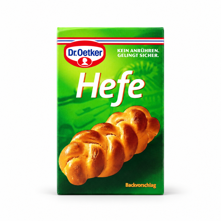 Dr. Oetker Hefe baking yeast package on white background