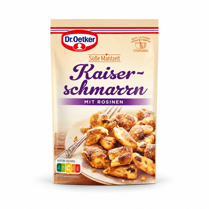 Dr. Oetker Kaiserschmarrn with Raisins product packaging centered on a white background
