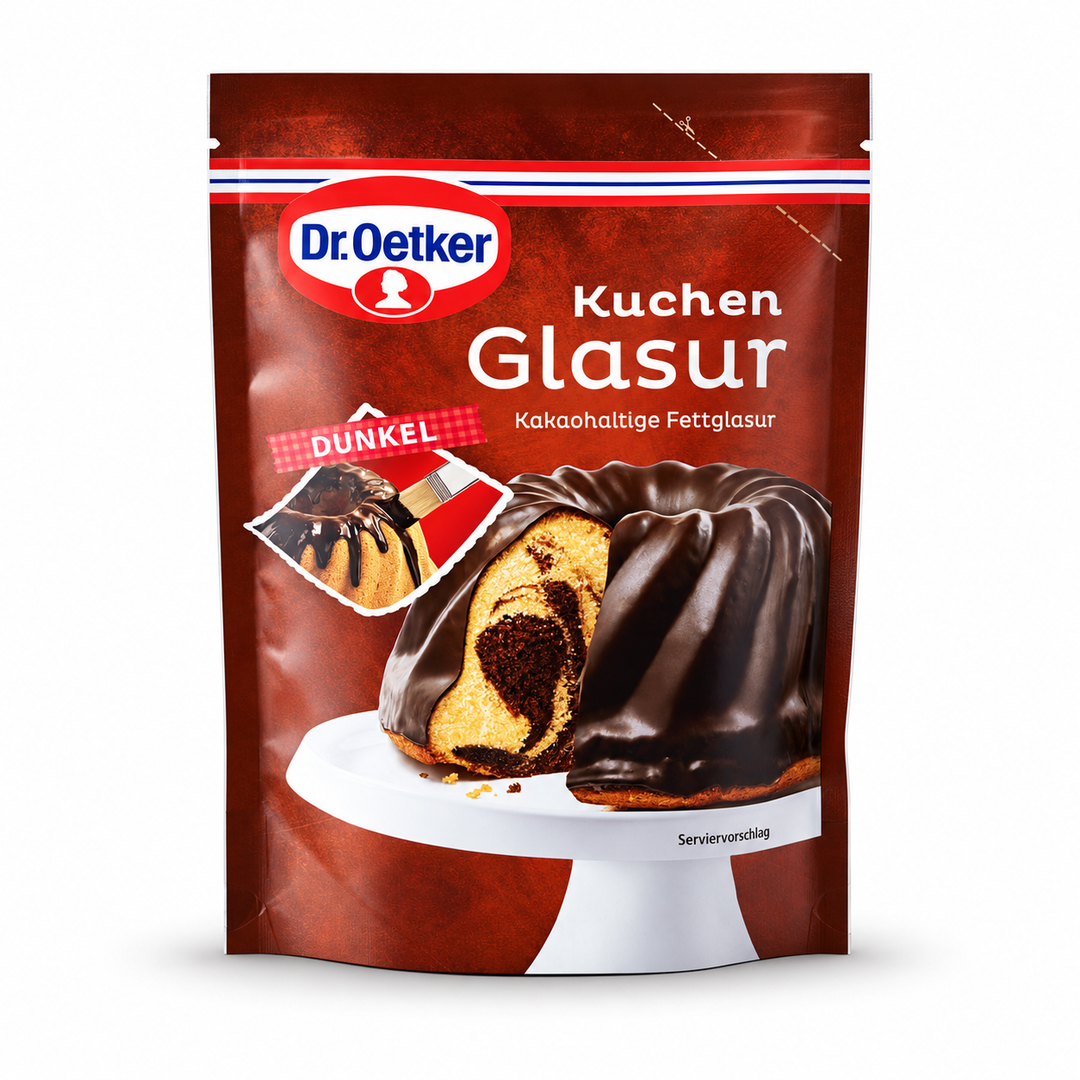 Dr. Oetker Kuchenglasur Dunkel dark cake icing, 125 g pouch front