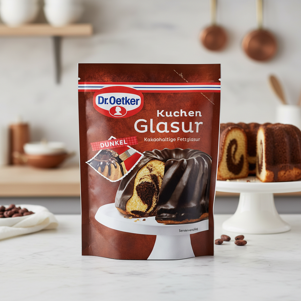 Dr. Oetker dark cake icing 125 g pouch in a baking scene
