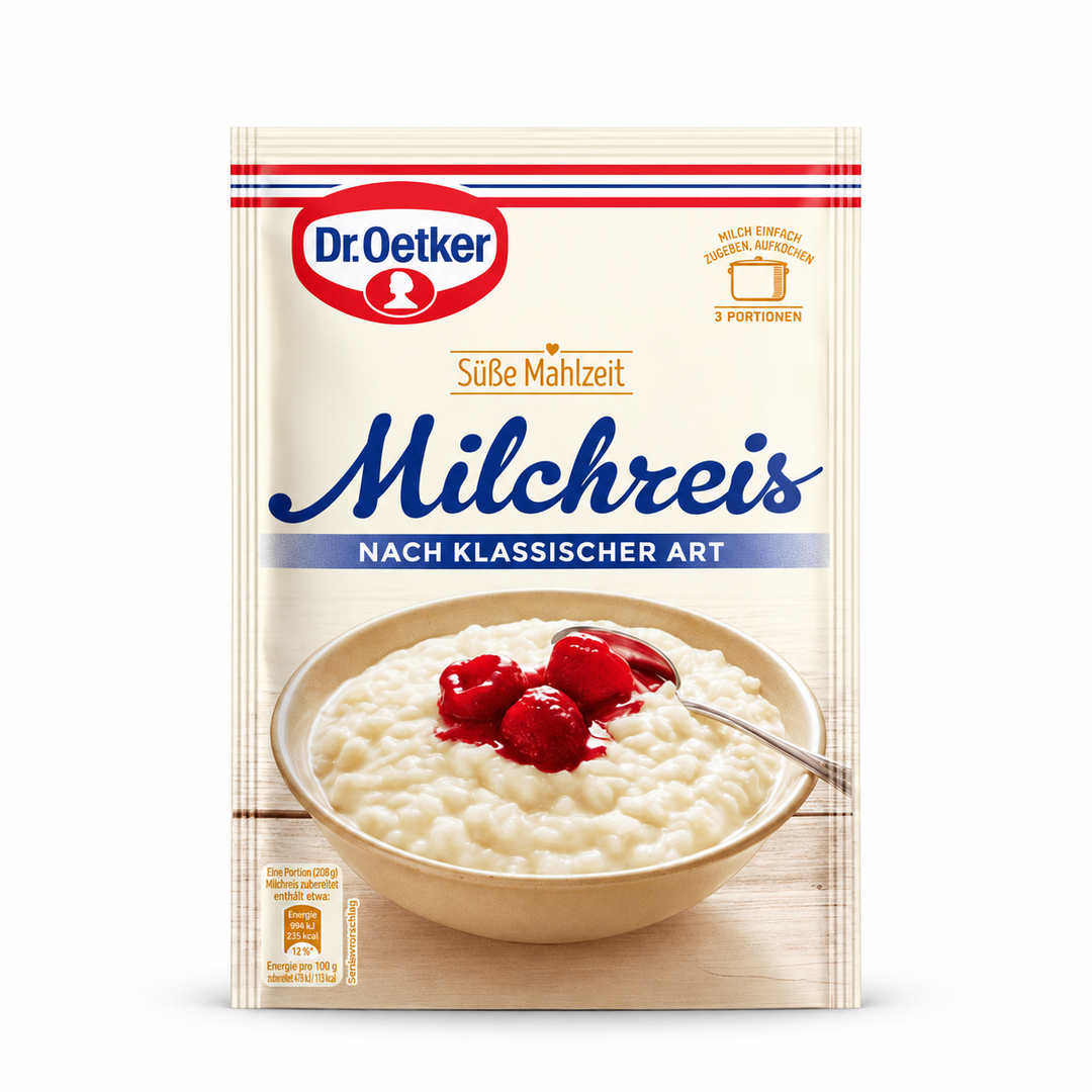 Dr. Oetker Milchreis (Rice) Pudding product packaging centered on a white background
