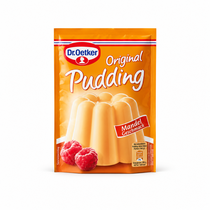 Dr. Oetker Original Mandel almond-flavor pudding mix pouch on white