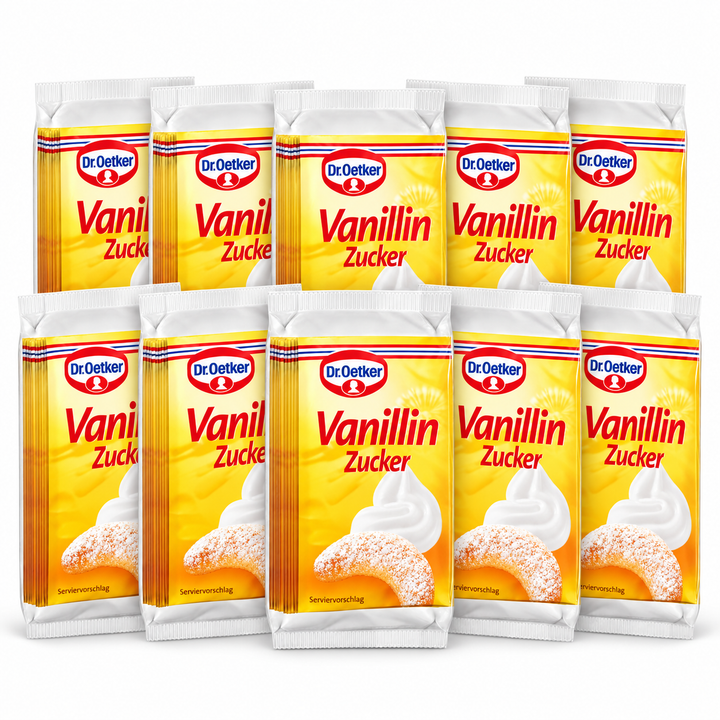 Ten Dr. Oetker Vanillin-Zucker 8 g sachets arranged on a white background