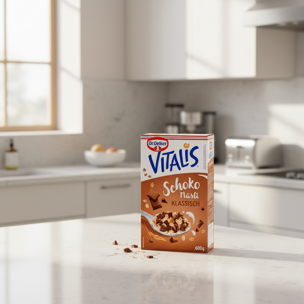 Dr. Oetker Vitalis Classic Chocolate Müsli 600 g box in a kitchen