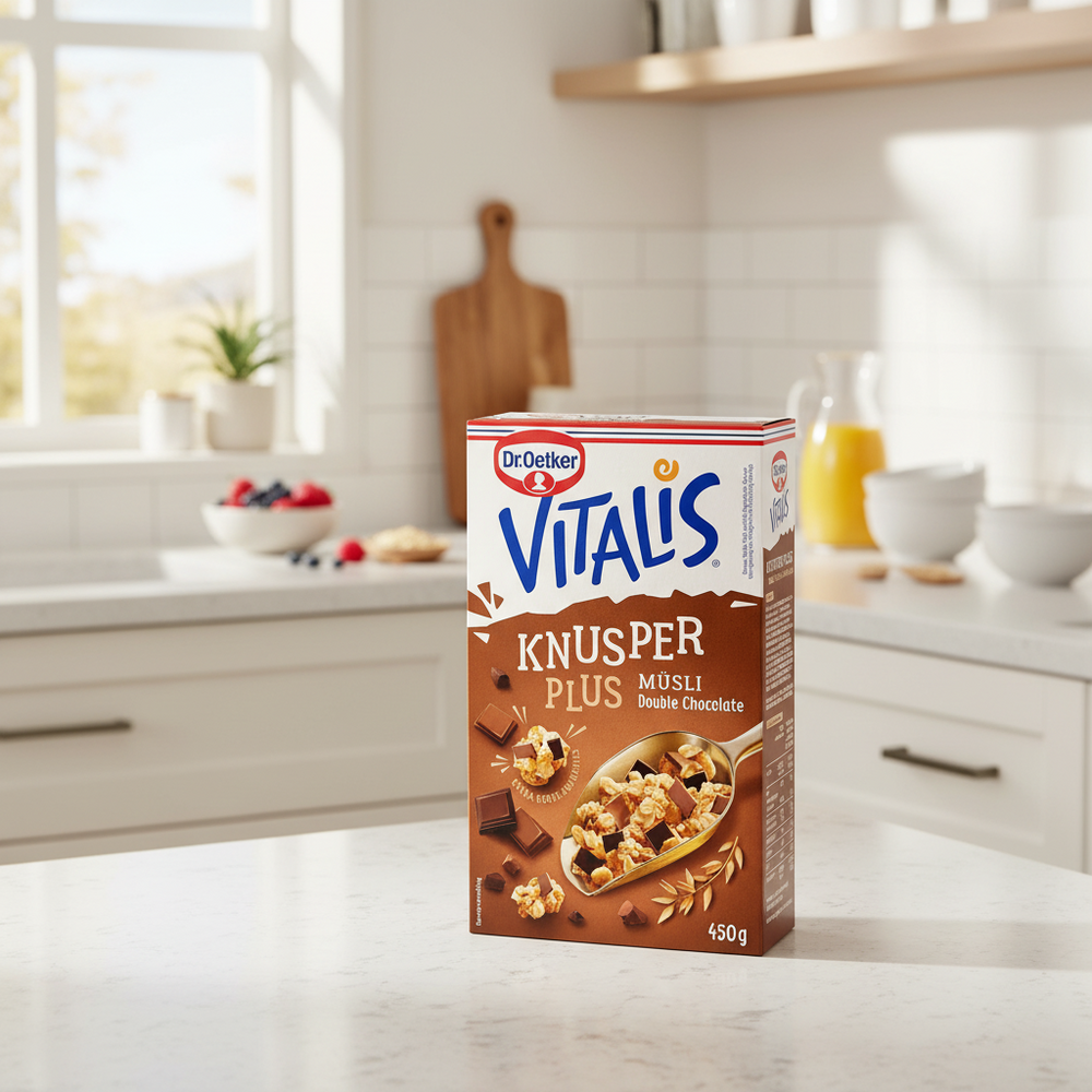 Dr. Oetker Vitalis Crunchy Plus Double Chocolate Müsli 450 g box in a kitchen