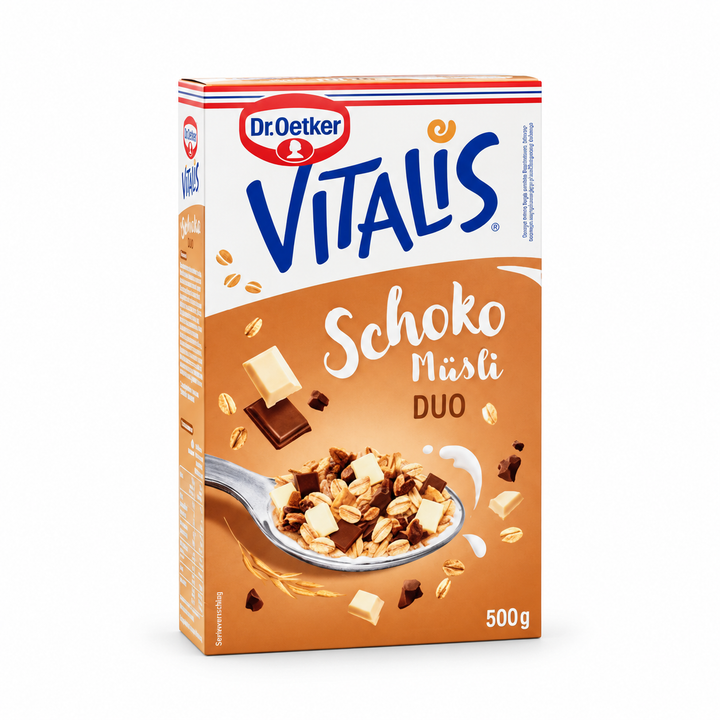 Dr. Oetker Vitalis Schoko Müsli (Granola) Duo product packaging centered on a white background