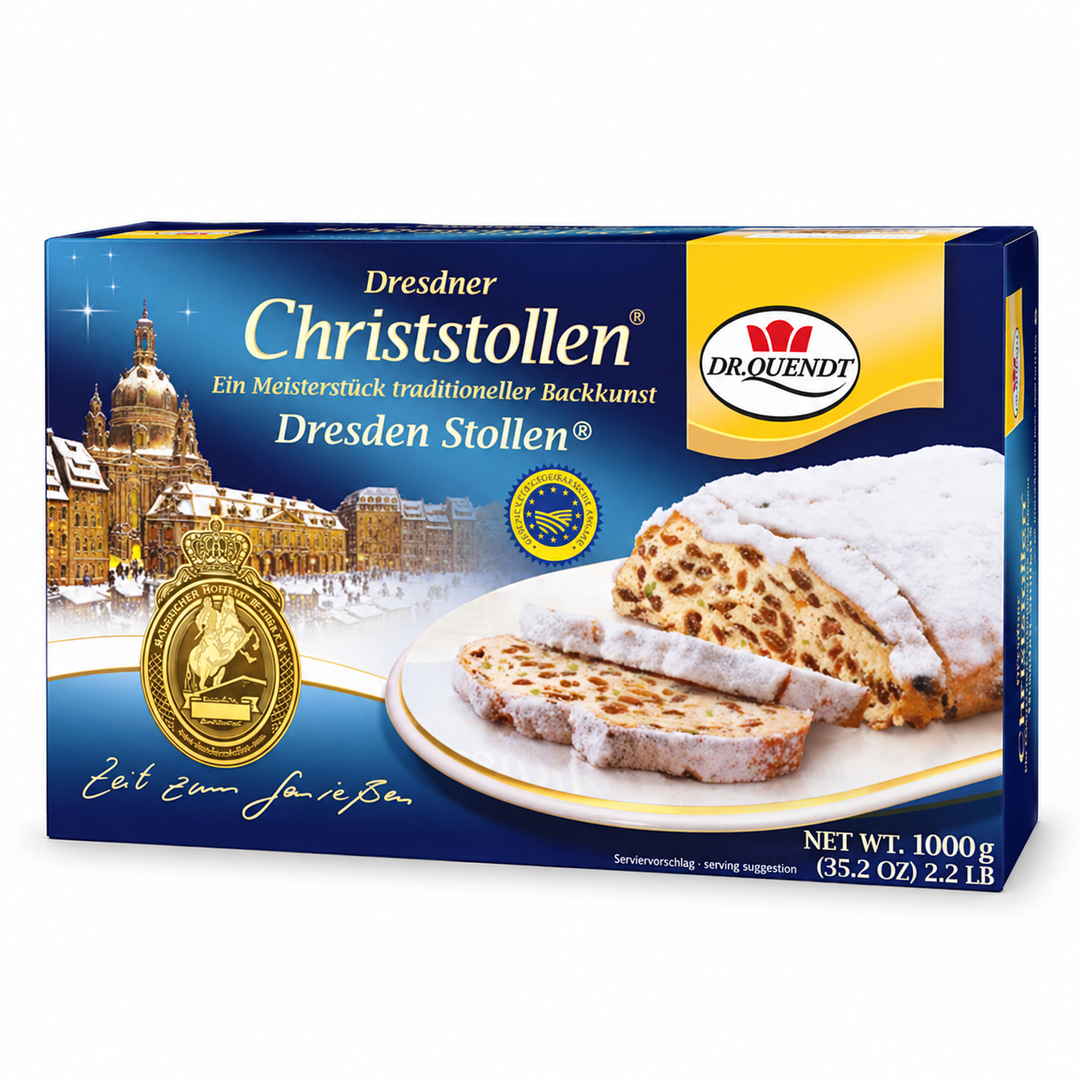 Dr. Quendt Dresdner Christstollen 1000 g gift box with sliced stollen on a white background