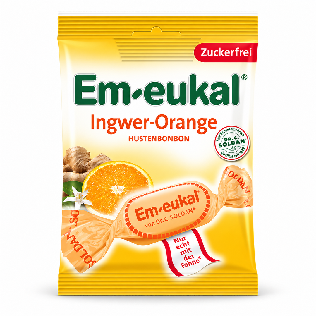 Em-eukal Ginger Orange Sugar-Free Lozenges bag, front view