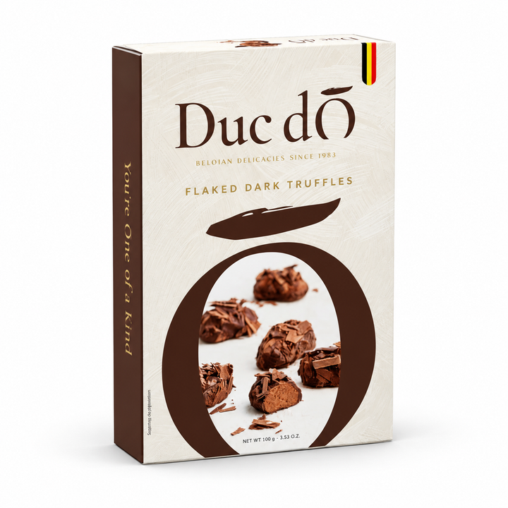 Duc d'O Flaked Dark Truffles, 100 g box, front view