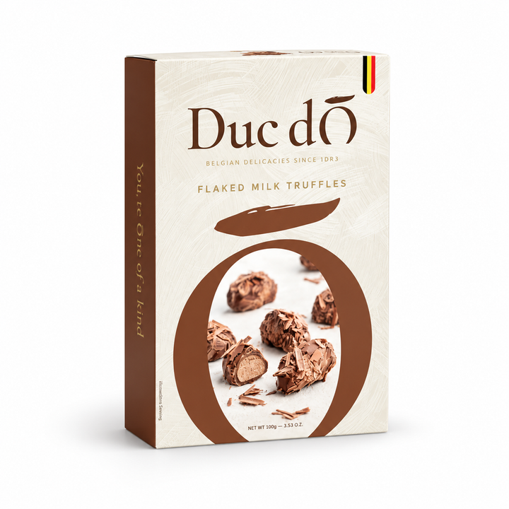 Duc d'O Flaked Milk Truffles, 100 g box, front view
