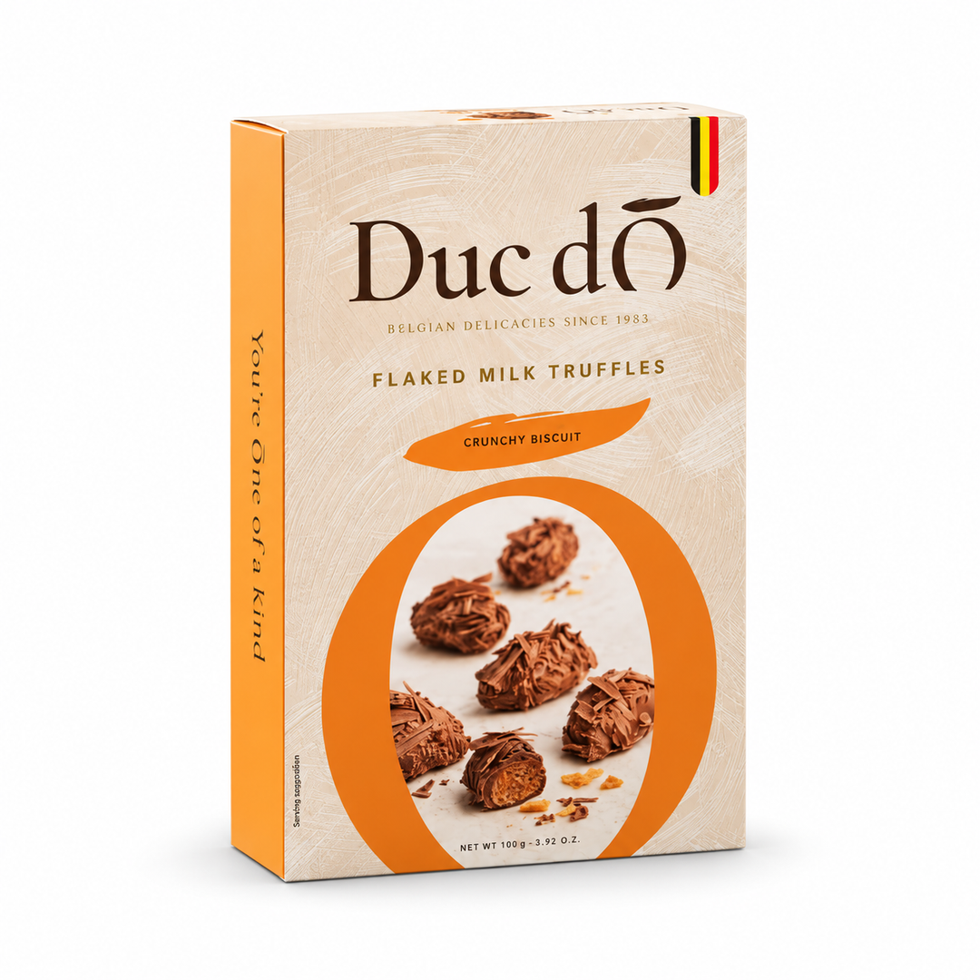 Duc d'O Flaked Milk Truffles with Crunchy Biscuit, 100 g box, front view