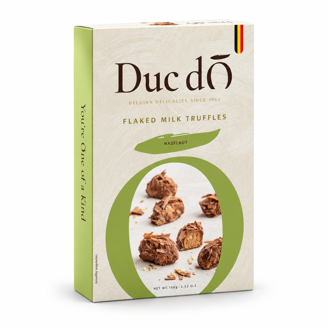 Duc d'O Flaked Milk Truffles with Hazelnut, 100 g box, front view