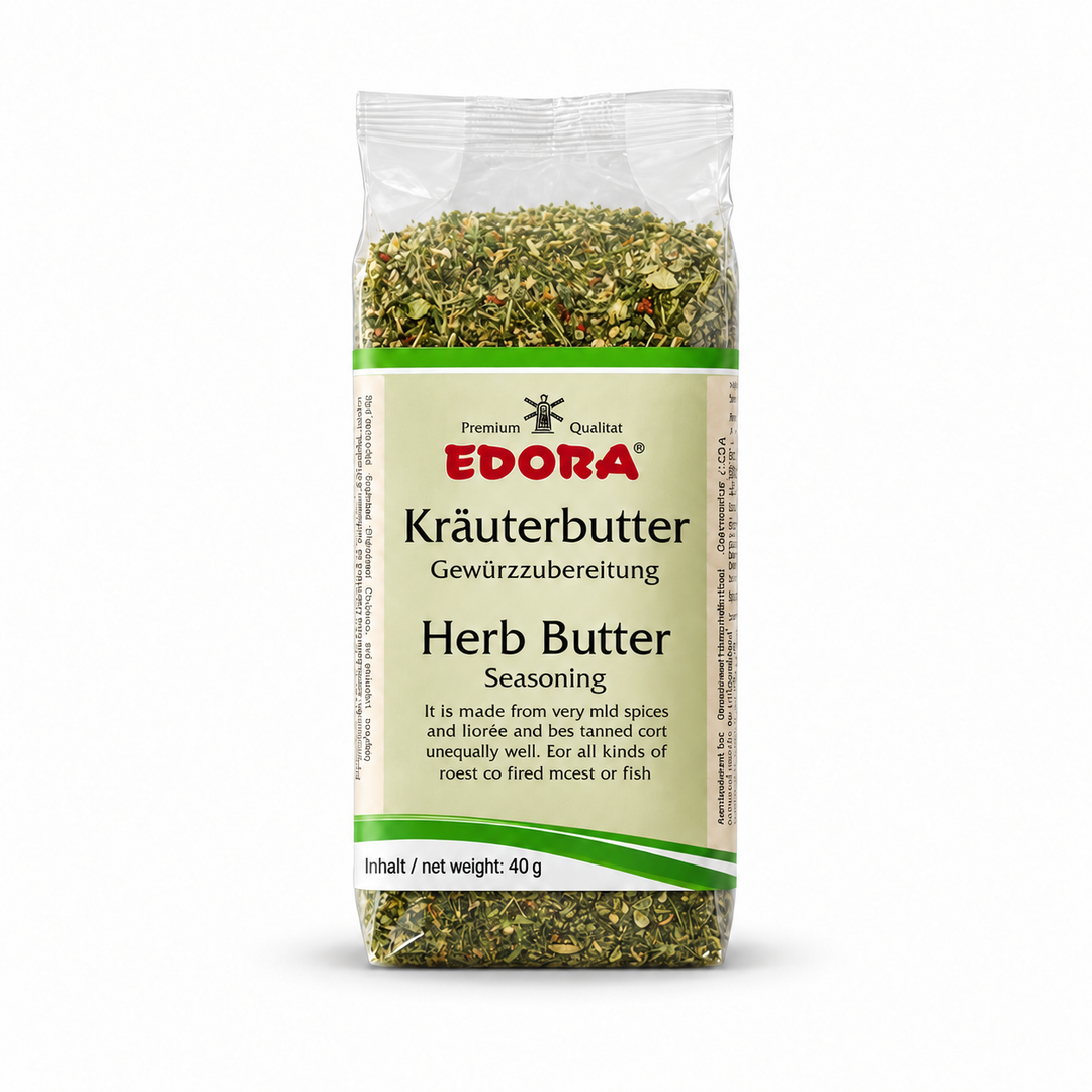 Edora Herb Butter Seasoning product packaging centered on a white background