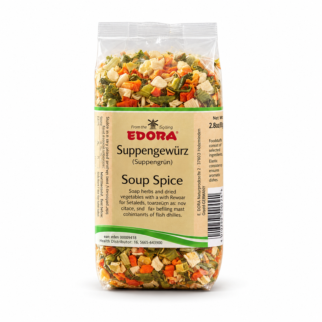 Edora Soup Seasoning product packaging centered on a white background